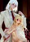  1boy 1girl absurdres albino bleeding blonde_hair blood blood_from_eyes commentary_request expressionless eye_socket eyeball flat_chest guro highres holding holding_eyeball looking_at_another navel necktie nude original parted_lips red_eyes red_necktie shiny_skin suit white_hair white_suit zero_no_mono 