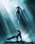  2boys absurdres armor baggy_pants black_coat black_gloves buster_sword cloud_strife coat commentary duel falling_feathers feathers final_fantasy final_fantasy_vii final_fantasy_vii_remake floating floating_hair from_behind full_body gloves grey_hair highres holding holding_sword holding_weapon light_particles long_hair male_focus masamune_(ff7) materia multiple_boys pants sephiroth short_hair shoulder_armor sleeveless sleeveless_turtleneck standing sweater sword turtleneck turtleneck_sweater tylor_hepner weapon 