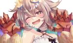  1girl :d ;d absurdres aqua_hair bare_shoulders black_bow black_choker blonde_hair blurry blurry_foreground blush bow cardigan cardigan_partially_removed choker claw_pose colored_inner_hair commentary_request cowlick criss-cross_halter crossed_bangs dragon_claw dragon_girl dragon_horns dress dress_bow fang hair_between_eyes halter_dress halterneck highres horn_bow horn_ornament horns long_hair long_sleeves maximum_pamyu multicolored_hair one_eye_closed open_mouth padlocked_choker phase_connect portrait purple_bow red_claws red_eyes red_scales sidelocks simple_background skin_fang sleeveless sleeveless_dress smile solo star-shaped_pupils star_(symbol) starry_hair symbol-shaped_pupils utatane_nasa utatane_nasa_(nasa_2.0) variant_set white_background white_dress yellow_cardigan yellow_horns yellow_pupils 