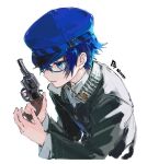  1girl androgynous anna_039 black_jacket blue_hair commentary crossdressing detective gakuran gun hat holding holding_gun holding_weapon houndstooth jacket newsboy_cap persona persona_4 reverse_trap revolver school_uniform shirogane_naoto short_hair solo tomboy weapon yasogami_school_uniform 
