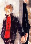  2boys azumane_asahi black_pants blush brown_hair closed_mouth commentary_request ee_(ekk1mukk) haikyuu!! hand_in_pocket height_difference holding_hands interlocked_fingers jacket male_focus multiple_boys nishinoya_yuu open_clothes open_jacket pants red_shirt shirt short_hair standing track_jacket track_pants translation_request yaoi zipper zipper_pull_tab 