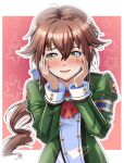  1girl aizin23 ascot blush bow brown_hair commentary eiyuu_densetsu green_eyes green_jacket hair_bow hands_on_own_cheeks hands_on_own_face highres jacket long_hair low_ponytail ponytail red_ascot school_uniform sen_no_kiseki_(series) sen_no_kiseki_i smile solo thors_military_academy_school_uniform towa_herschel upper_body 