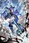  1girl absurdres arknights arknights:_endfield boots bow_(weapon) breasts cloud commentary_request detached_sleeves drawing_bow drill_hair eg_gmoney fake_horns hairband highres holding holding_bow_(weapon) holding_weapon horn_hairband horns korean_commentary large_breasts long_hair magic_circle outdoors purple_eyes purple_hair sky solo tail thighhighs twin_drills typhoeus_(arknights) typhon_(arknights) weapon 