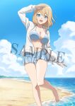  1girl arm_up artist_request beach bikini bikini_skirt blonde_hair blue_bikini blue_eyes blue_sky blush breasts cloud cloudy_sky collarbone day foot_out_of_frame full_body hand_up highres jacket large_breasts looking_at_viewer medium_hair merchandise_available mountainous_horizon navel ocean official_alternate_costume official_art olivia_(mobseka) open_clothes open_jacket open_mouth otome_gee_sekai_wa_mob_ni_kibishii_sekai_desu outdoors sample_watermark sand second-party_source sky smile solo standing standing_on_one_leg swimsuit water watermark white_jacket 