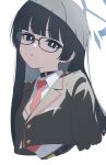  1girl absurdres black_choker black_eyes black_hair black_jacket blue_archive blue_halo bright_pupils choker commentary_request cropped_jacket cropped_torso dress_shirt glasses halo highres jacket long_hair long_single_sidelock looking_at_viewer necktie parted_lips red_necktie shirt shouko_(blue_archive) simple_background solo white_background white_pupils white_shirt yukuya 