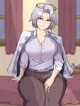  1girl absurdres arjilla blue_eyes blurry blurry_background breasts brown_pants cleavage closed_mouth commentary english_commentary eyewear_on_head fields_of_mistria grey_hair highres indoors jacket jacket_on_shoulders jewelry large_breasts mature_female pants partially_unbuttoned ring shirt short_hair sitting sleeves_rolled_up smile solo valen_(fields_of_mistria) wedding_ring white_jacket white_shirt window 