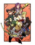  2girls 3boys arianna_caledonia armor bertrand_de_gervaise black_hat blonde_hair border bow_(weapon) chloe_(sekaiju) closed_mouth commentary_request copyright_name dark-skinned_male dark_skin fafnir_no_kishi_(sekaiju) flavio_(sekaiju) green_hair hair_over_one_eye haruyasai_(sanbunno) hat highres holding holding_bow_(weapon) holding_shield holding_staff holding_sword holding_weapon long_hair looking_ahead looking_at_viewer multiple_boys multiple_girls one_eye_covered open_mouth orange_background pink_hair profile purple_hair sekaiju_no_meikyuu shield shin_sekaiju_no_meikyuu_2 short_hair smile staff sword very_short_hair weapon white_border white_hair witch_hat 