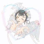  1girl absurdres angel angel_wings bare_shoulders black_hair chinese_commentary choker commentary_request cropped_torso detached_sleeves dot_nose eyelashes fake_halo fake_wings floating_hair flower flower_sleeves fur_halo gilded_dreamsong_(infinity_nikki) grey_choker hair_flower hair_ornament halo happy head_tilt heart heart_choker highres infinity_nikki lace-trimmed_choker lace_trim light_blush light_particles long_sleeves maid_headdress nikki_(series) one_eye_closed open_mouth pink_flower short_hair smile solo tareme teeth white_background white_flower white_halo white_sleeves white_wings wings yellow_eyes yellow_flower yonghutylm 