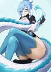  1girl absurdres black_gloves blue_hair blue_thighhighs braid breasts chinese_clothes commentary_request covered_navel detached_sleeves dracotail_faimena dragon_girl dragon_horns dragon_tail duel_monster earrings eastern_dragon_horns eastern_dragon_tail gloves hair_between_eyes highres horns jewelry long_hair looking_at_viewer obushinpachi solo tail thigh_focus thighhighs thighs yu-gi-oh! 
