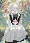  1girl absurdres apron black_dress blonde_hair blue_eyes bow center-flap_bangs commentary_request cross cross_earrings dappled_sunlight day dress earrings floating floating_object flower forest frilled_apron frills highres jewelry light_particles long_hair long_sleeves looking_at_viewer maid maid_apron maid_headdress nature nekory original outdoors own_hands_together puffy_sleeves red_bow rose sidelocks signature sitting sitting_on_object solo sunlight tree tree_shade twintails white_apron wrist_cuffs 