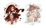  2girls ankle_strap apple basket black_butterfly black_panties black_shoes black_veil blonde_hair blush bow braid breasts bug butterfly chibi chibi_only closed_mouth cloud commentary cross curly_hair deformed demon_horns detached_collar dress eating english_commentary eyeshadow flat_chest floral_print floral_print_dress flower flower_basket food food_bite frilled_dress frills fruit garter_straps green_eyes hair_bow hair_flower hair_ornament hairclip hat hat_flower heart highres holding holding_basket holding_flower holding_food holding_fruit horns littlebluemuffin long_hair makeup multiple_girls multiple_hair_bows navel no_shirt open_clothes open_mouth open_skirt original panties petals pink_dress pink_flower pink_petals pink_rose pink_shoes print_dress red_eyeshadow red_hair red_nails ribbon rose see-through_clothes see-through_thighhighs shoes side_slit single_braided_sidelock skirt sleeveless small_breasts smile strapless straw_hat sun_hat thighhighs thighs torn_clothes torn_thighhighs torn_wings underwear veil very_long_hair watermark white_background wings 
