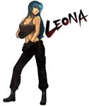  absurdres ahoge alternate_hairstyle belt black_gloves blue_hair boots breasts cleavage earrings gloves hair_down highres jewelry large_breasts leona_heidern long_hair midriff navel pants red_eyes solo steward_b the_king_of_fighters 