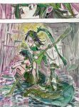  2girls absurdres bare_shoulders black_hair boat bracelet breasts bug claws cleavage commentary_request crocodilian dated day earrings eudetenis fly foot_wraps full_body green_eyes green_hair half_updo highres hoop_earrings horns jewelry jungle leaf_bracelet leaf_ornament leaf_skirt leaning_forward lily_pad loincloth long_hair looking_to_the_side midriff multicolored_hair multiple_girls nature navel on_boat original outdoors outline pink_leaf plant_clothing pointy_ears reflection river rowing scenery sideboob signature sky small_breasts squatting standing swept_bangs thigh_marking traditional_media tribal twintails two-tone_hair water watercraft wetland white_outline yellow_sky 