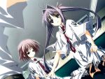  1boy 2000s_(style) 2girls antenna_hair blurry blurry_foreground capelet ceiling classroom clenched_hand closed_mouth collared_shirt cross cross_print crown_print dutch_angle from_below game_asset hair_intakes indoors kagome_(traumatize) kita_high_school_uniform_(subarashiki_hibi) long_hair looking_at_another mamiya_takuji multiple_girls necktie non-web_source official_art otonashi_ayana otonashi_ayana_(subarashiki_hibi) out_of_frame parted_lips print_capelet print_necktie raised_inner_eyebrows red_necktie school_uniform self-datamine shirt smile subarashiki_hibi tile_ceiling tiles twintails variant_set visual_novel_cg wakatsuki_kagami white_capelet white_shirt 