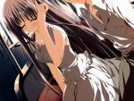  2000s_(style) 2girls closed_eyes dress eyes_out_of_frame frilled_dress frilled_dress_collar frills game_asset hand_up head_out_of_frame jewelry kagome_(traumatize) long_hair mamiya_takuji multiple_girls non-web_source official_art parted_lips self-datamine sitting subarashiki_hibi takashima_zakuro train_interior variant_set visual_novel_cg white_dress 