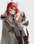  1girl absurdres ahoge arms_behind_head black_hairband black_pants closed_eyes dalim_diki eris_greyrat grey_background grey_cloak grin hairband hands_up highres leaning_forward long_hair long_sleeves mushoku_tensei pants red_hair romaji_commentary shirt simple_background smile solo standing sword v-shaped_eyebrows weapon white_shirt 