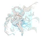  1girl absurdly_long_hair angel angel_wings bare_shoulders bird blue_bow blue_flower blue_hair blue_ribbon blue_rose blue_shoes blush bow braid breasts cleavage detached_collar detached_sleeves dress dress_bow floating_clothes floating_hair flower frilled_sleeves frills gloves hair_bow hair_over_one_eye hair_wings halo harp heart highres instrument leg_ribbon littlebluemuffin long_hair low_neckline medium_breasts multiple_hair_bows off-shoulder_dress off_shoulder open_mouth original puffy_short_sleeves puffy_sleeves ribbon rose shoes short_sleeves single_bare_foot single_glove single_shoe single_thighhigh sparkle thighhighs very_long_hair watermark white_background white_bird white_dress white_flower white_gloves white_hair white_rose white_thighhighs wings 