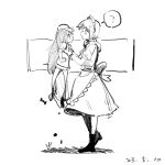  2girls ? aged_down apron armpit_hold blush boots chenwei_jun chinese_commentary commentary_request dated from_side gloves greyscale hat highres hong_meiling izayoi_sakuya long_hair maid_apron maid_headdress monochrome multiple_girls pants profile puffy_short_sleeves puffy_sleeves shirt short_sleeves sketch skirt spoken_question_mark touhou 