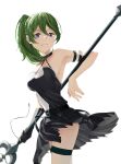  1girl absurdres arm_strap artist_name bare_shoulders belt black_choker black_dress breasts choker collarbone commentary dalim_diki dress english_commentary from_side green_hair hair_between_eyes highres holding holding_polearm holding_weapon looking_at_viewer medium_breasts medium_hair parted_lips pleated_dress polearm purple_eyes side_ponytail simple_background sleeveless sleeveless_dress solo sousou_no_frieren thigh_strap ubel_(sousou_no_frieren) weapon white_background 