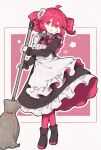  1girl :o ahoge ankle_boots apron black_boots black_dress boots bow bowtie broom collared_shirt colored_eyelashes colored_shoe_soles commentary_request crossed_legs double-parted_bangs dress drill_hair flower frilled_apron frilled_sleeves frills full_body grid_background hair_between_eyes hair_flower hair_ornament highres holding holding_broom kasane_teto long_sleeves maid maid_apron medium_dress medium_hair nasubi_no_manjiu open_mouth pantyhose pink_bow pink_bowtie pink_pantyhose red_eyes red_hair shirt sidelocks twin_drills two-sided_dress two-sided_fabric two-tone_background utau white_apron 