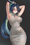  1girl absurdres aqua_lips armpits arms_behind_head arms_up artist_name bare_shoulders black_hair blue_eyes blush breasts cleavage colored_inner_hair covered_nipples dongtan_dress dress english_commentary genshin_impact glasses green_hair grey_dress hair_ornament hair_stick highres hioyami large_breasts long_hair looking_at_viewer multicolored_hair panties_visible_through_clothes parted_lips ponytail smile solo standing teeth xianyun_(genshin_impact) 