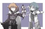  2boys ahoge armor bare_shoulders belt brown_hair cape commentary_request duel_disk expressionless fanning green_hair high_collar highres johan_andersen korean_commentary krkrpotato male_focus multiple_boys sitting supreme_king_(yu-gi-oh!_gx) yellow_eyes yu-gi-oh! yu-gi-oh!_gx yubel yuki_judai 