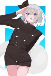  1girl alternate_costume arm_behind_back belt black_belt black_bow black_jacket black_shorts blue_eyes bow buttons commentary double-breasted jacket konpaku_youmu konpaku_youmu_(ghost) looking_at_viewer open_mouth short_hair shorts solo touhou v-shaped_eyebrows white_hair yuuisann925 