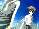  1boy 1girl 2000s_(style) arms_at_sides bag belt black_bag black_pants chain-link_fence collared_shirt facing_away fence from_behind game_asset kagome_(traumatize) looking_at_another mamiya_takuji minakami_yuki non-web_source official_art pants parted_lips self-datamine shirt short_sleeves shoulder_bag standing subarashiki_hibi variant_set visual_novel_cg white_shirt 