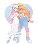  2girls :d ;d alternate_costume arm_tattoo armband bag belt black_choker blonde_hair blue_eyes blue_pants blue_shoes blush bracelet breasts choker cleavage collarbone commentary crop_top dress earrings english_commentary eyelashes fingernails full_body gradient_pants hair_ribbon hand_on_another's_shoulder handbag heart highres holding_strap hoop_earrings jewelry legs_apart lips long_hair midriff multiple_girls navel o3ohi one_eye_closed open_mouth orange_armband pants pink_ribbon pink_shirt ponytail purple_eyes ribbon rwby scar scar_across_eye scar_on_face see-through_clothes shirt shoelaces shoes short_sleeves simple_background smile sneakers standing star_(symbol) star_in_eye symbol_in_eye tank_top tattoo teeth weiss_schnee white_background white_belt white_dress white_hair white_tank_top yang_xiao_long yuri 