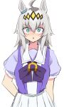  1girl ahoge animal_ears aqua_eyes blue_eyes bow commentary_request cowboy_shot ear_ornament grey_hair hair_between_eyes hair_ornament highres horse_ears horse_girl long_hair long_sleeves oguri_cap_(umamusume) okumari open_mouth ribbon school_uniform solo summer_uniform tail tracen_school_uniform umamusume 