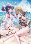  2girls absurdres alternate_costume alternate_hairstyle ass bare_shoulders bikini black_hair black_one-piece_swimsuit black_wrist_cuffs blue_eyes blue_nails blue_sky breasts bright_pupils brown_hair closed_mouth cloud cloudy_sky columbina_(genshin_impact) commentary_request cover cover_page double_bun genshin_impact hair_bun highres leg_wrap long_hair looking_at_viewer multicolored_hair multiple_girls navel ocean one-piece_swimsuit outdoors parted_lips purple_eyes purple_hair sandrone_(genshin_impact) sitting sky stomach swimsuit symbol_in_eye two-tone_hair very_long_hair white_bikini white_pupils wrist_cuffs yu-ri_(arium047) 