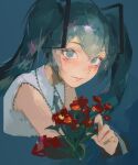  1girl aqua_background aqua_eyes aqua_hair aqua_sleeves bare_shoulders black_sleeves bouquet closed_mouth collared_shirt commentary cropped_torso detached_sleeves flower hair_between_eyes hatsune_miku highres kuto_(kuroto) long_hair looking_at_viewer multicolored_sleeves red_flower shirt simple_background sleeveless sleeveless_shirt twintails two-tone_sleeves vocaloid white_shirt 