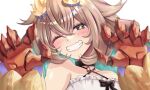  1girl :d ;d absurdres aqua_hair bare_shoulders black_bow black_choker blonde_hair blurry blurry_foreground blush bow cardigan cardigan_partially_removed choker claw_pose colored_inner_hair commentary_request cowlick criss-cross_halter crossed_bangs dragon_claw dragon_girl dragon_horns dress dress_bow fang grin hair_between_eyes halter_dress halterneck highres horn_bow horn_ornament horns long_hair long_sleeves maximum_pamyu multicolored_hair one_eye_closed padlocked_choker phase_connect portrait purple_bow red_claws red_eyes red_scales sidelocks simple_background skin_fang sleeveless sleeveless_dress smile solo star-shaped_pupils star_(symbol) starry_hair symbol-shaped_pupils teeth utatane_nasa utatane_nasa_(nasa_2.0) variant_set white_background white_dress yellow_cardigan yellow_horns yellow_pupils 