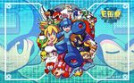  6+boys age_difference aiming albert_w_wily android annotated aqua_background arm_cannon artist_name bald bangs beard beat_(rockman) bird black-framed_eyewear black_hat blonde_hair blue_background blue_bodysuit blue_eyes blues_(rockman) bodysuit cat clenched_hand closed_eyes closed_mouth coat dog duo_(rockman) earrings eddie_(rockman) energy_tank everyone eyebrows_visible_through_hair facial_hair facial_mark father_and_daughter flipped_hair forte_(rockman) frame fur_hat fur_trim glasses gospel_(rockman) gradient gradient_background green_eyes green_ribbon grey_hair grid grid_background grin hair_between_eyes hair_ribbon half-closed_eyes happy hat headphones headset helmet hi-go! high_ponytail highres jewelry kalinka_cossack labcoat light_smile long_hair metool mikhail_sergeyevich_cossack multiple_boys multiple_girls mustache necktie old_man one_eye_closed open_clothes open_mouth orange_hair outstretched_arms over-rim_eyewear pink_hair plum_(rockman) ponytail red_coat red_cross red_eyes red_neckwear reggae ribbon rightot ripot robot rockman rockman_(character) rockman_(classic) roll rush_(rockman) scarf semi-rimless_eyewear sidelocks smile spread_arms tango_(rockman) thick_eyebrows thomas_light tongue translated ushanka visor wallpaper waving weapon white_hair white_hat widescreen wolf yellow_scarf 