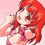  1girl :d bare_shoulders bow choker commentary frilled_choker frills harune_aira highres jaggy_lines kuiyogruut long_hair looking_at_viewer open_mouth pretty_rhythm pretty_rhythm_aurora_dream pretty_series red_eyes red_hair red_theme smile solo striped_blush 