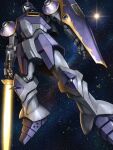  artist_request cable energy_sword gundam gundam_f90 gundam_perfect_file highres holding holding_sword holding_weapon mecha mecha_focus mobile_suit nebula neo_zeon no_humans official_art one-eyed_mecha realistic rf_gyan robot science_fiction shield solo space star_(sky) sword weapon zero_gravity 