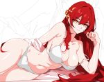  1girl bare_shoulders bra breasts commentary english_commentary hair_ornament highres himeko_(honkai:_star_rail) honkai:_star_rail honkai_(series) kili_kilio large_breasts long_hair looking_at_viewer lying navel on_side panties red_hair solo underwear very_long_hair white_bra white_panties yellow_eyes zoom_layer 