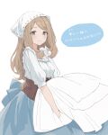  1girl blonde_hair blue_dress commentary_request dress frilled_dress frilled_sleeves frills girdle headdress highres laundry long_hair nasakixoc pokemon pokemon_x_and_y serena_(pokemon) solo speech_bubble swept_bangs translation_request white_background white_dress white_headdress 