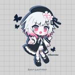  1girl artist_name belt beret black_choker black_coat black_hat black_shoes bug butterfly center_frills chibi choker coat collared_coat commentary_request flower flower-trimmed_shorts flower-trimmed_sleeves frilled_socks frills full_body gradient_hair grid_background hair_flower hair_ornament hat hat_flower hat_ribbon highres long_sleeves looking_at_viewer mahou_shoujo_no_majo_saiban multicolored_hair neck_ribbon o-ring o-ring_thigh_strap open_mouth pants pink_eyes pink_hair pointing pointing_at_viewer ribbon sakuraba_ema shaamonsan shirt shoes short_hair shorts signature simple_background sleeveless sleeveless_coat socks solo thigh_strap twitter_username watermark white_background white_flower white_hair white_pants white_ribbon white_shirt white_shorts white_sleeves white_socks x_hair_ornament 