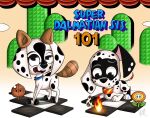 101_dalmatian_street 101_dalmatians absurd_res canid canine canis collar dalmatian dee_dee_(101_dalmatians) disney dizzy_(101_dalmatians) domestic_dog duo female feral fire fire_flower fireball fur hi_res looking_down looking_up mammal mario_bros nintendo pkbr4insh0ck_(artist) raccoon_dog spots tanuki text white_body white_fur