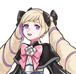  1girl :d black_bow black_capelet black_dress blonde_hair bow capelet commentary dress elise_(fire_emblem) fire_emblem fire_emblem_fates hair_bow long_hair looking_at_viewer multicolored_hair multiple_hair_bows open_mouth pink_bow pococh_oekaki purple_eyes purple_hair smile solo teeth twintails two-tone_hair upper_body upper_teeth_only white_background 