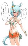  1girl absurdres animal_ears aqua_bikini bare_shoulders bikini bikini_under_clothes blue_eyes blush breasts cleavage commentary_request ear_scrunchie green_bikini grey_hair hair_between_eyes highres horse_ears horse_girl horse_tail official_alternate_costume open_clothes open_fly open_mouth open_shorts orange_shorts seiun_sky_(nagisa_no_kimagure_orange)_(umamusume) seiun_sky_(umamusume) shirt short_hair shorts small_breasts smile speech_bubble suiho_(pokkeish49n) swimsuit tail teeth translation_request umamusume upper_teeth_only white_shirt 