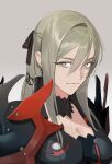  1girl aranea_highwind armor black_armor black_ribbon breasts cleavage closed_mouth commentary_request ddb_000 final_fantasy final_fantasy_xv gradient_background grey_background grey_hair hair_between_eyes hair_ribbon highres korean_commentary large_breasts long_hair ribbon sidelocks smile solo upper_body 