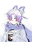  1girl alternate_costume blue_scarf blush butterfly_hair_ornament coat commentary cup hair_ornament highres holding holding_cup kimetsu_no_yaiba kochou_shinobu long_sleeves looking_at_viewer no_pupils parted_bangs purple_eyes purple_hair reirokuya scarf short_hair sidelocks simple_background sketch smile solo untranslatable_commentary upper_body white_background 