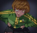  1girl badge black_skirt brown_hair button_badge glowing glowing_eyes gradient_background green_jacket grey_background half-closed_eye hands_on_own_hips highres houndstooth jacket leaning_forward long_sleeves looking_at_viewer open_mouth persona persona_4 pleated_skirt raised_eyebrow satonaka_chie shadow_chie short_hair simple_background skirt smiley_face solo track_jacket upper_body uy90lk yellow_eyes zipper zipper_pull_tab 
