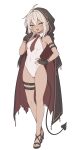  1girl :d black_cloak black_gloves black_sandals blush breasts brown_eyes brown_necktie cloak commentary_request demon_tail fingerless_gloves full_body gloves grey_hair hair_between_eyes hand_on_own_hip hand_up hood hood_up hooded_cloak leotard necktie original pointy_ears sandals simple_background small_breasts small_sweatdrop smile solo standing sweat tail tan waero white_background white_leotard 