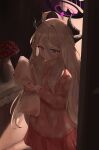  1girl absurdres ahoge black_halo blue_archive commentary demon_girl demon_horns dress halo highres hina_(blue_archive) hina_(pajamas)_(blue_archive) holding holding_pillow horns official_alternate_costume pajamas pillow pink_dress polka_dot polka_dot_dress purple_eyes resonantowo solo 