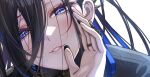  1girl asymmetrical_sidelocks ayase_yuu ayase_yuu_(2nd_costume) bead_necklace beads black_hair black_nails black_shirt blue_eyes blue_ribbon blush close-up commentary_request ear_piercing earrings gold_trim half-closed_eyes hand_to_own_mouth jewelry long_bangs long_hair maximum_pamyu multiple_earrings necklace official_alternate_costume official_alternate_hairstyle parted_lips phase_connect piercing ribbon ribbon_earrings ring shirt sidelocks simple_background solo spiked_ear_piercing teeth virtual_youtuber whispering white_background 