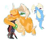  1boy :d ;d alternate_color belt black_boots black_cape boots cape commentary_request dragonite highres jacket korean_commentary lance_(pokemon) male_focus mega_dragonite musical_note one_eye_closed open_mouth pants pokemon pokemon_(creature) pokemon_heartgold_and_soulsilver red_hair sangrokei shiny_pokemon short_hair simple_background smile spoken_musical_note teeth upper_teeth_only white_background 