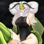  1girl absurdres antennae armpits arthropod_girl bare_hips black_leotard black_sclera breasts colored_eyelashes colored_sclera commentary fang green_eyes green_hair green_wings hair_between_eyes highres indie_virtual_youtuber insect_wings juniper_actias juniper_actias_(space_invader) large_breasts leotard long_hair looking_at_viewer monster_girl moth_antennae moth_girl moth_wings multicolored_hair neck_fur sideboob sitraell skin_fang solo thick_thighs thighs virtual_youtuber white_eyelashes white_fur white_hair wide_hips wings 